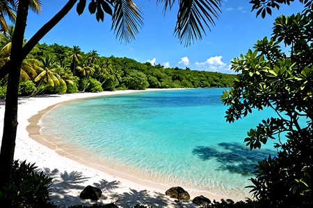 Stable_Yogis_PDXL_Positives,<lora:sdxl_lightning_8step_lora:1>,A stunning lagoon with aquamarine waters surrounded by lush tropical vegetation, The gentle sound of waves lapping against the shore creates a tranquil and inviting atmosphere,âââ