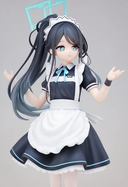 Aris_(Blue_Archive),
black_hair, blue_eyes, very_long_hair, ponytail, halo, maid, white_apron, maid_apron, maid_headdress, white_pantyhose, puffy_short_sleeves, dress, frills