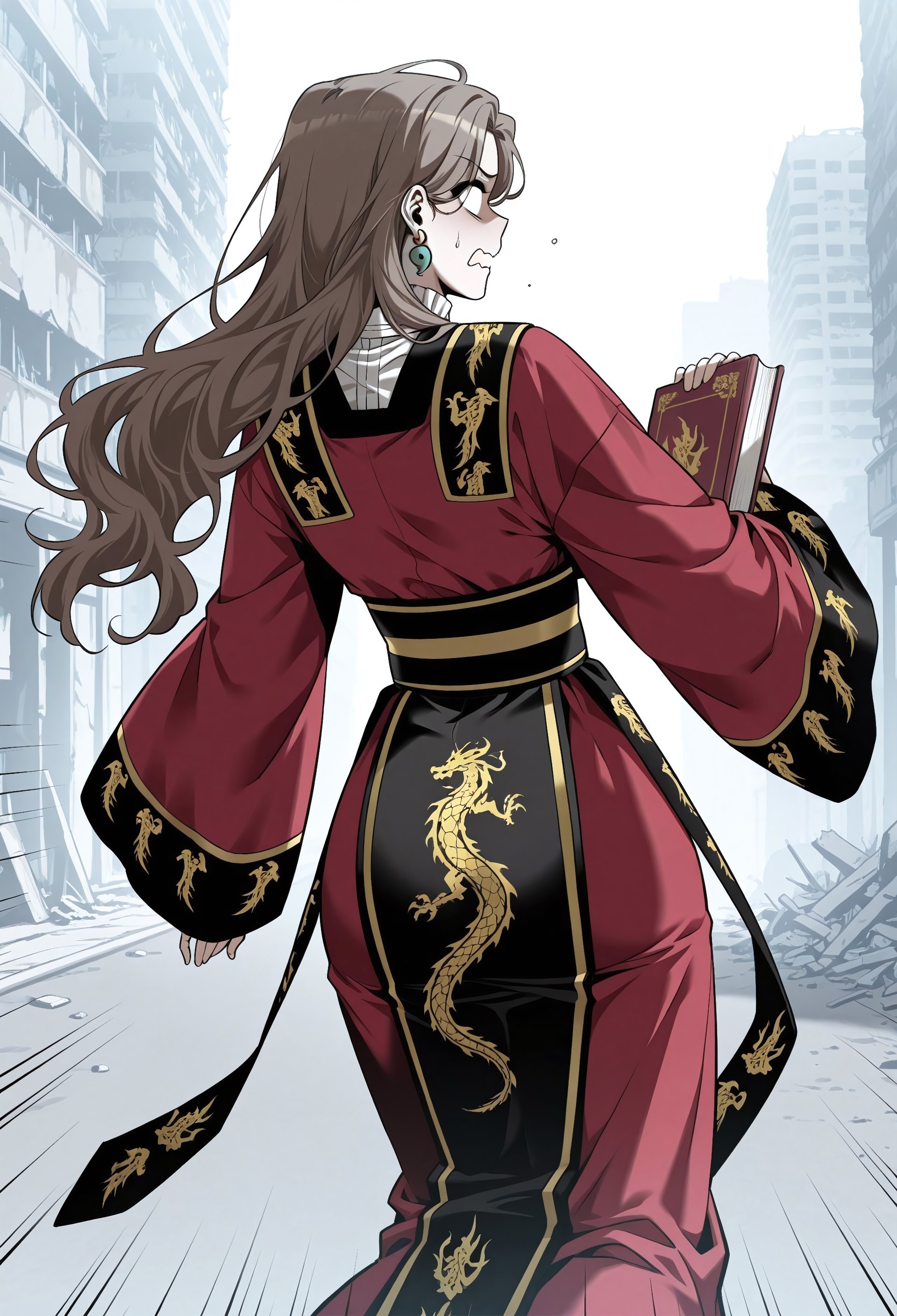 masterpiece, best quality, amazing quality, absurdres, 

M1n_J1w0n, 1girl, solo, brown hair, long hair, wavy hair, large breasts, earrings, jewelry, stud earrings, magatama earrings, korean clothes, red hanbok, long sleeves, wide sleeves, white shirt, white high collar, black sash, golden dragon print sash, chima (clothes), 

 running, on street, holding book, speed line, post- apocalypse background, wavy mouth, (blank eyes:1.2), from behind, 