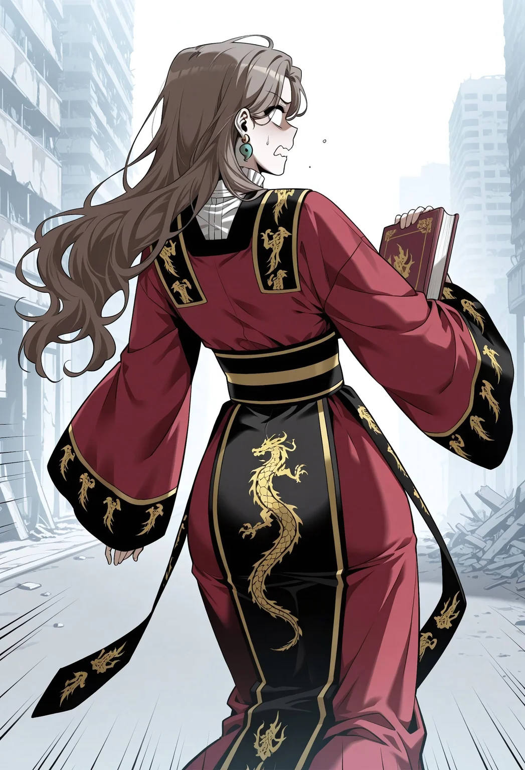 masterpiece, best quality, amazing quality, absurdres,
M1n_J1w0n, 1girl, solo, brown hair, long hair, wavy hair, large breasts, earrings, jewelry, stud earrings, magatama earrings, korean clothes, red hanbok, long sleeves, wide sleeves, white shirt, white high collar, black sash, golden dragon print sash, chima (clothes),
running, on street, holding book, speed line, post- apocalypse background, wavy mouth, (blank eyes:1.2), from behind,