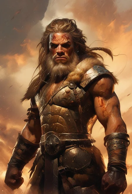 detailed, score_9, score_8, score_7, score_6, 1man, viking, Beard, rouch face, blood on face, angry expression, epic battle in background, complex background, intricate armor, detailed texture, dynamic pose, in action,