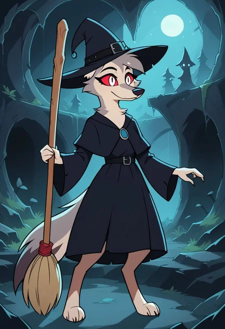 SCORE_9, SCORE_8_UP, SOURCE_FURRY, BREAK, SOLO, HOUNDSONA, BLIND EYES, FEMALE, FURRY, DECREPIT, HOBBLING, WHITE SHAGGY FUR, GREY HAIR, VERY OLD AGE, WITCH DRESS, WITCH HAT, BROOM, BREAK, DARK CAVE, HIGH RESOLUTION, VIVID TEXTURES, DETAILED PUPILS