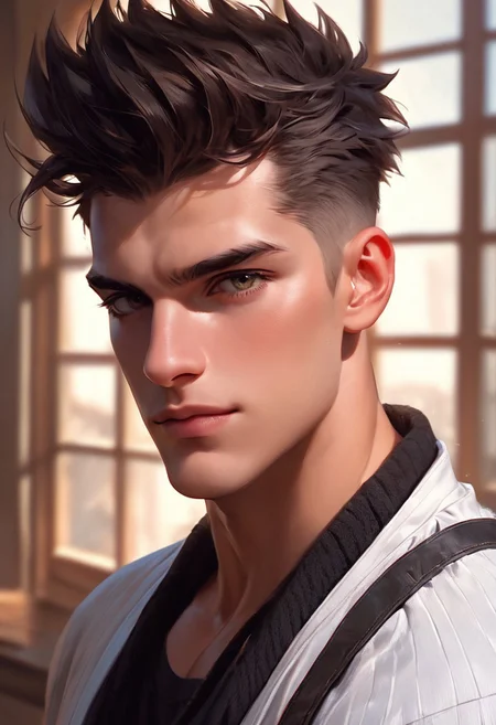score_9,score_8_up,score_7_up, handsome 35 yo man posing, barber shop, hyperdetailed photography, headshot, spiky hair, looking at viewer