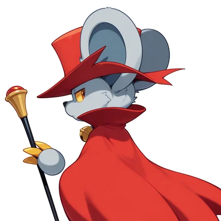 <lora:Daroach_Kirby_-_Illustrious:1> Daroach, 1boy, red cape, red hat, bell, white background, from behind, looking back, white background, holding object, cane, medium shot, 3 fingers, masterpiece, masterwork,