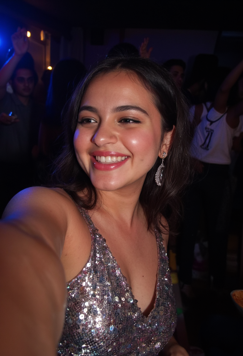 photo selfie of young woman in a club, wearing silver sequin dress, broad smile showing teeth, head tilted to side, heavy make-up and eye shadow, artificial light at night <lora:mobile-000081:1>
