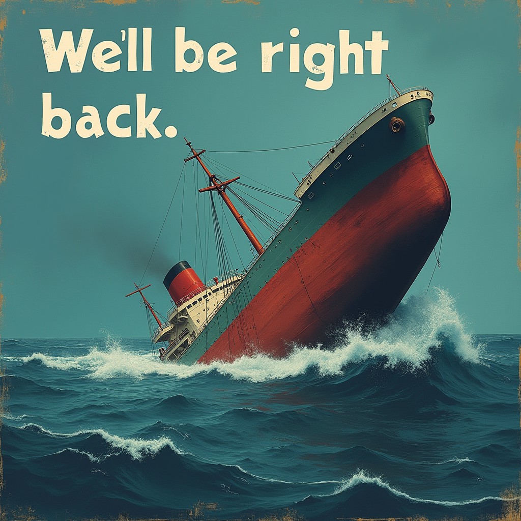 ship sinking, bold text above ("We'll be right back")