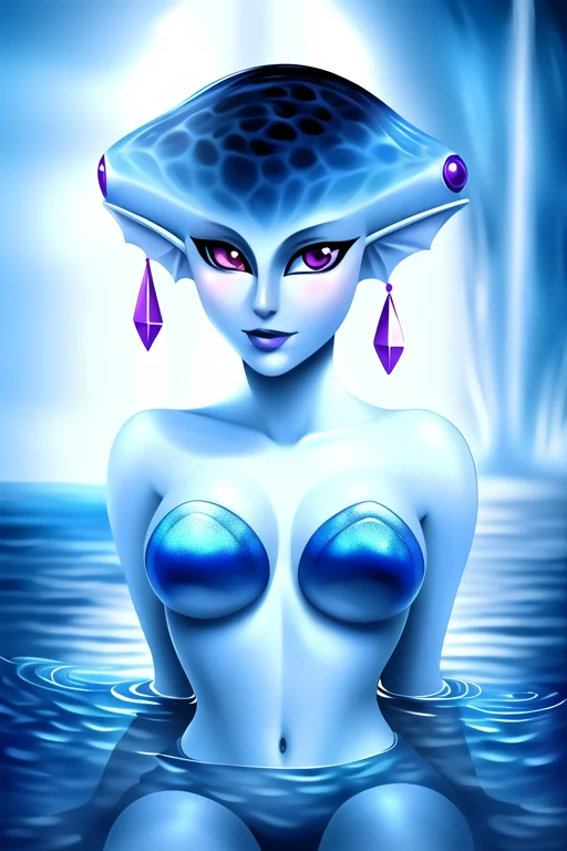 masterpiece, best quality, a portrait of princess ruto, fantasy, water, ruto, slim, breasts, realistic, blue skin, zora, 1girl, earrings, fin, fish girl, fin ears, purple eyes, solo, upper body, legs, slim waist