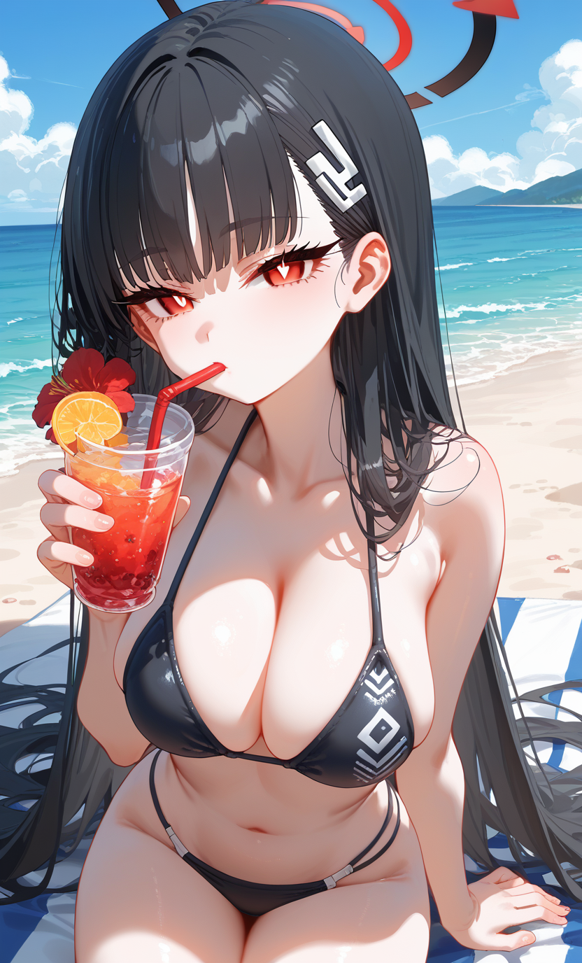 score_9, score_8_up, score_7_up, ASCII score_9, source_anime, 8K, UHD, high detail RAW color art, intricate details, beautiful atmosphere, sharp eyelid, sharp eyelashes, thick eyelashes, long eyelashes, beautiful skin, beautiful face, curvaceous figure, perfect anatomy, perfect hands, detailed embroidery, detailed backgrounds, Visual Representation,
1gilrs, solo, rio \(blue archive\), red eyes, bright pupils, black hair, long hair, hair ornament, swimsuit, halo, bikini, breasts, black bikini, outdoors, day,  beach, drinking straw, holding, cup, looking at viewer, <lora:åæ²¢:0.5>,