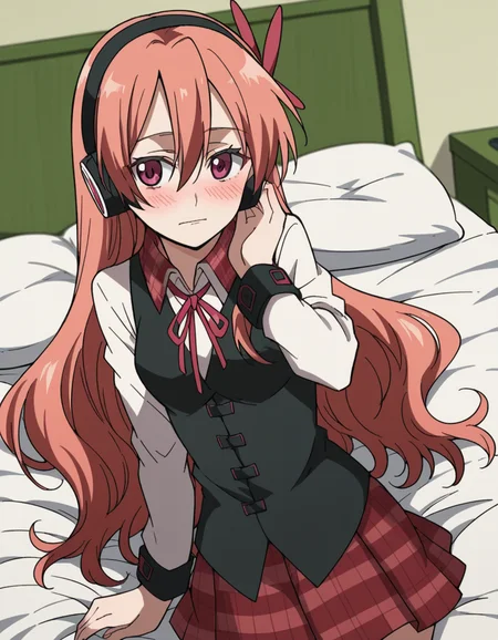 score_9, score_8_up, score_7_up, source_anime,
agkchelsea, <lora:agk-chelsea-s1-ponyxl-lora-nochekaiser:1>,
chelsea, pink eyes, hair between eyes, long hair, pink hair, straight hair,
collared shirt, diagonal stripes, dress shirt, hair ornament, headphones, long sleeves, neck ribbon, plaid, plaid skirt, pleated skirt, red ribbon, red skirt, ribbon, shirt, skirt, striped, vest, white shirt, wing collar,
indoors, bed, bed room, on side, blush, drunk,
cowboy shot, solo, dutch angle, looking at viewer,