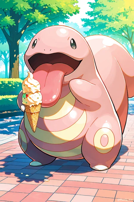 masterpiece, best quality, Lickitung, no humans, pokemon (creature), <lora:LickitungPokedexIXL:1.0>, eating ice cream, playful expression, park background, sunny day, vibrant colors, detailed and fun, soft lighting, whimsical atmosphere