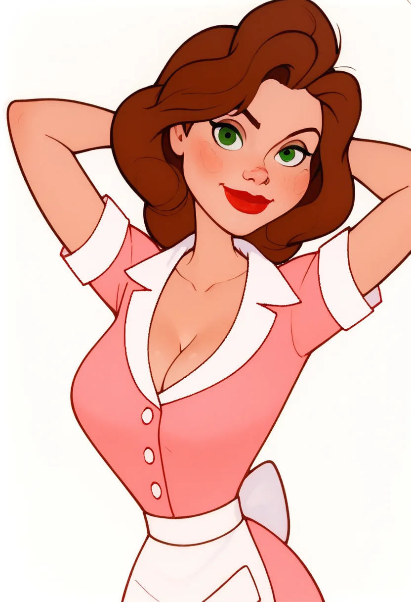 score_9, score_8_up, score_7_up, clean scene, white background, looking at viewer, <lora:Annie_Hughes_PDXL:0.8> anniehughesxl, brown hair, red lips, green eyes, long hair, waitress attire, smile, hands behind head, big breasts, cleavage,