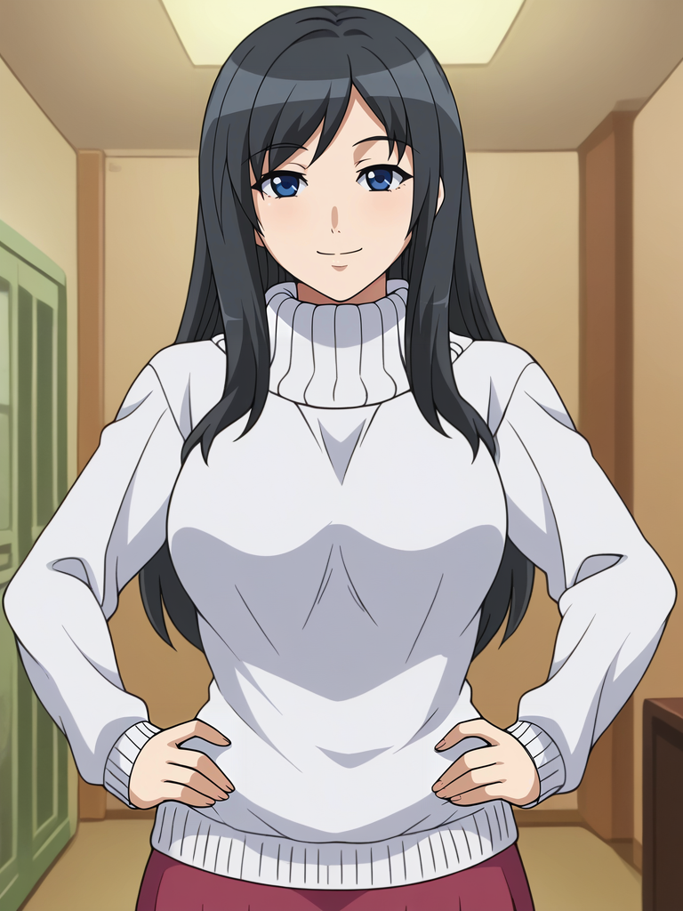 <lora:Nanami_Honda-Soredemo_Tsuma_wo_Aishiteru:0.8>,Nanami,mature female,1girl,solo,black hair,long hair,blue eyes,breasts,turtleneck,sweater,skirt,hands on own hips,looking at viewer,indoors,smile
