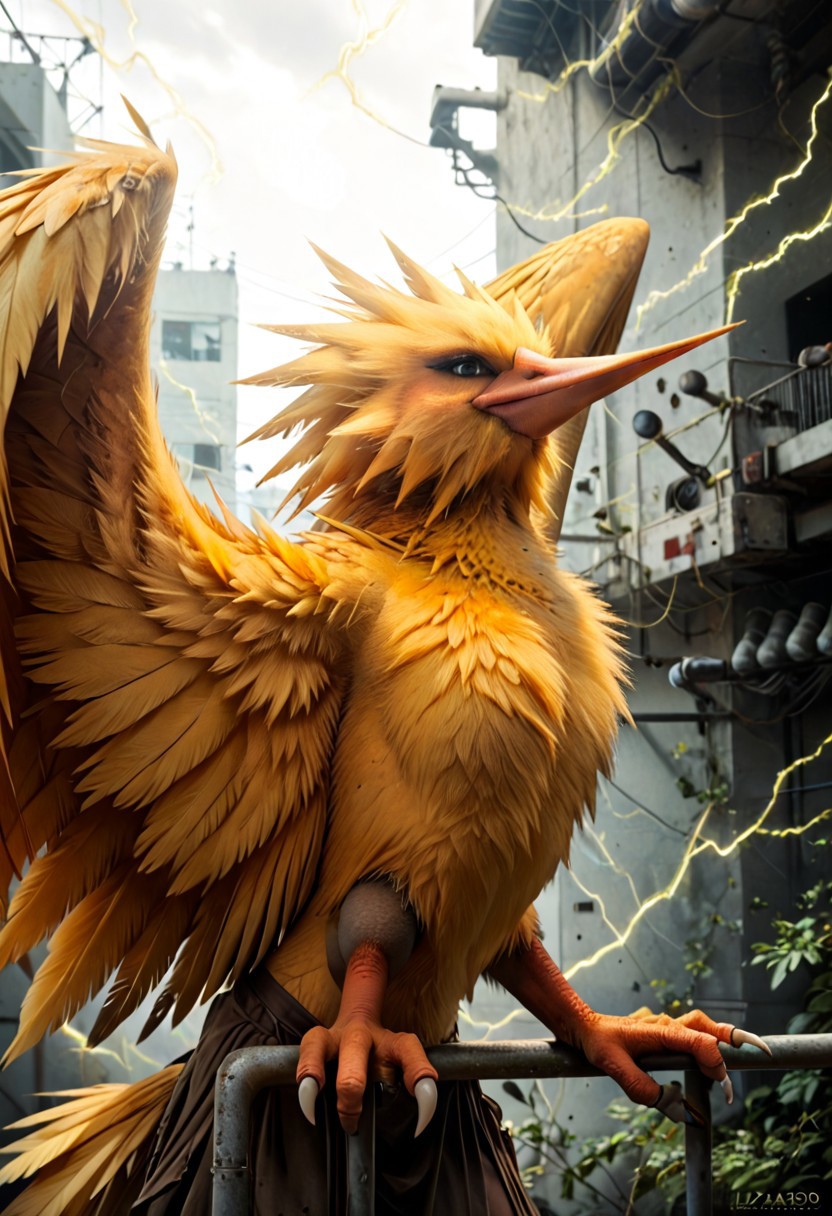 score_9, score_8_up, score_7_up, score_6_up, score_5_up, score_4_up, BREAK, solo, zapdos, pokemon (creature), furry, avian, bird, detailed feathers, realistic feathers, spiky feathers, yellow feathers, wings, electricity, industrial background, day, realistic, photorealistic cgi