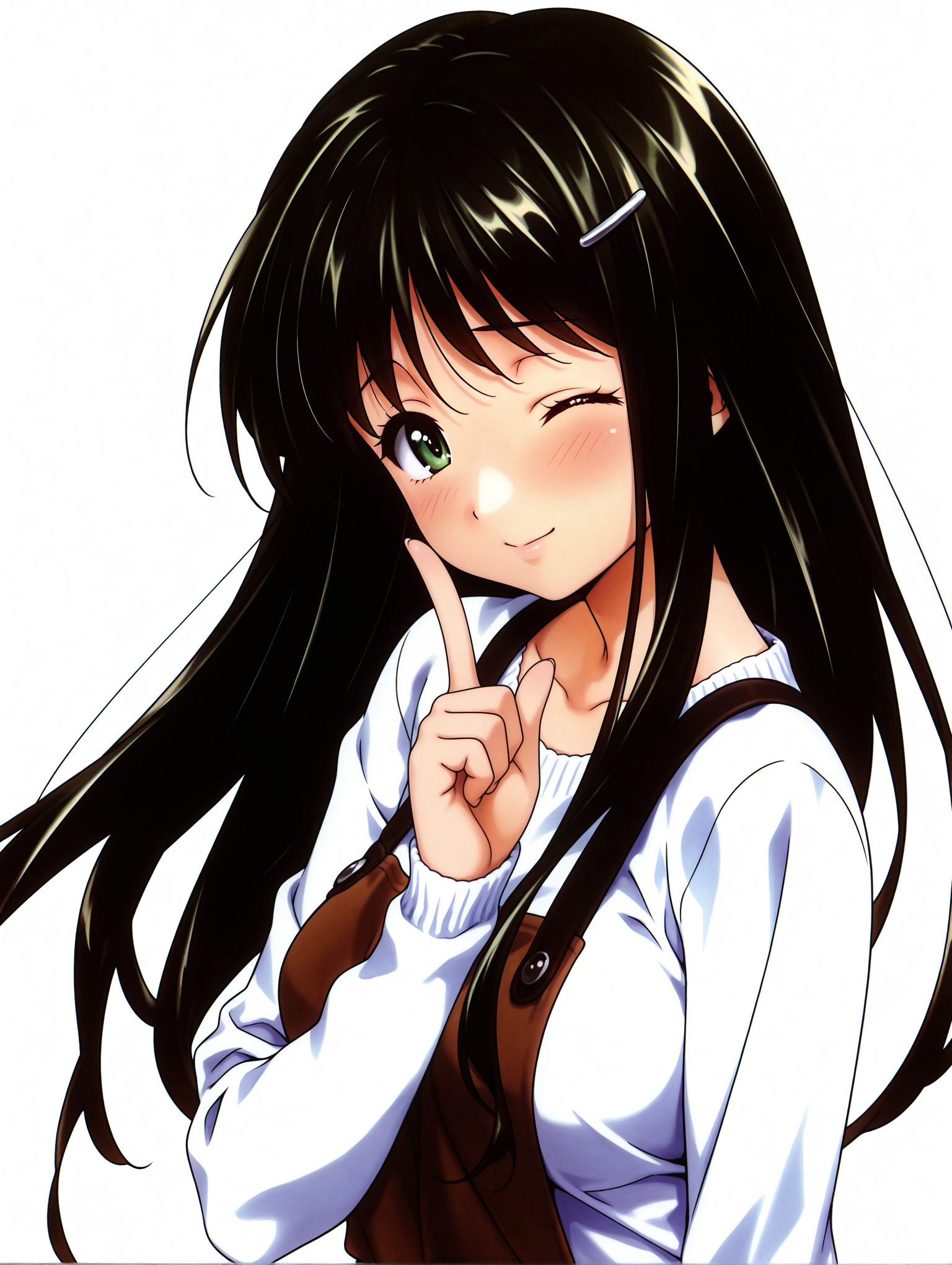masterpiece,best quality,newest,
1girl,solo,
<lora:k_sayori_ilxl_v1.0:1>,k_sayori,hairclip,black hair,green eyes,s_clothes,white sweater,brown dress,
<lora:Fixhands_anime_bdsqlsz_V1:1>,seductive_smile,white background,simple_background,standing,upper_body,profile,looking_at_viewer,shushing,one eye closed,light_blush,shy,