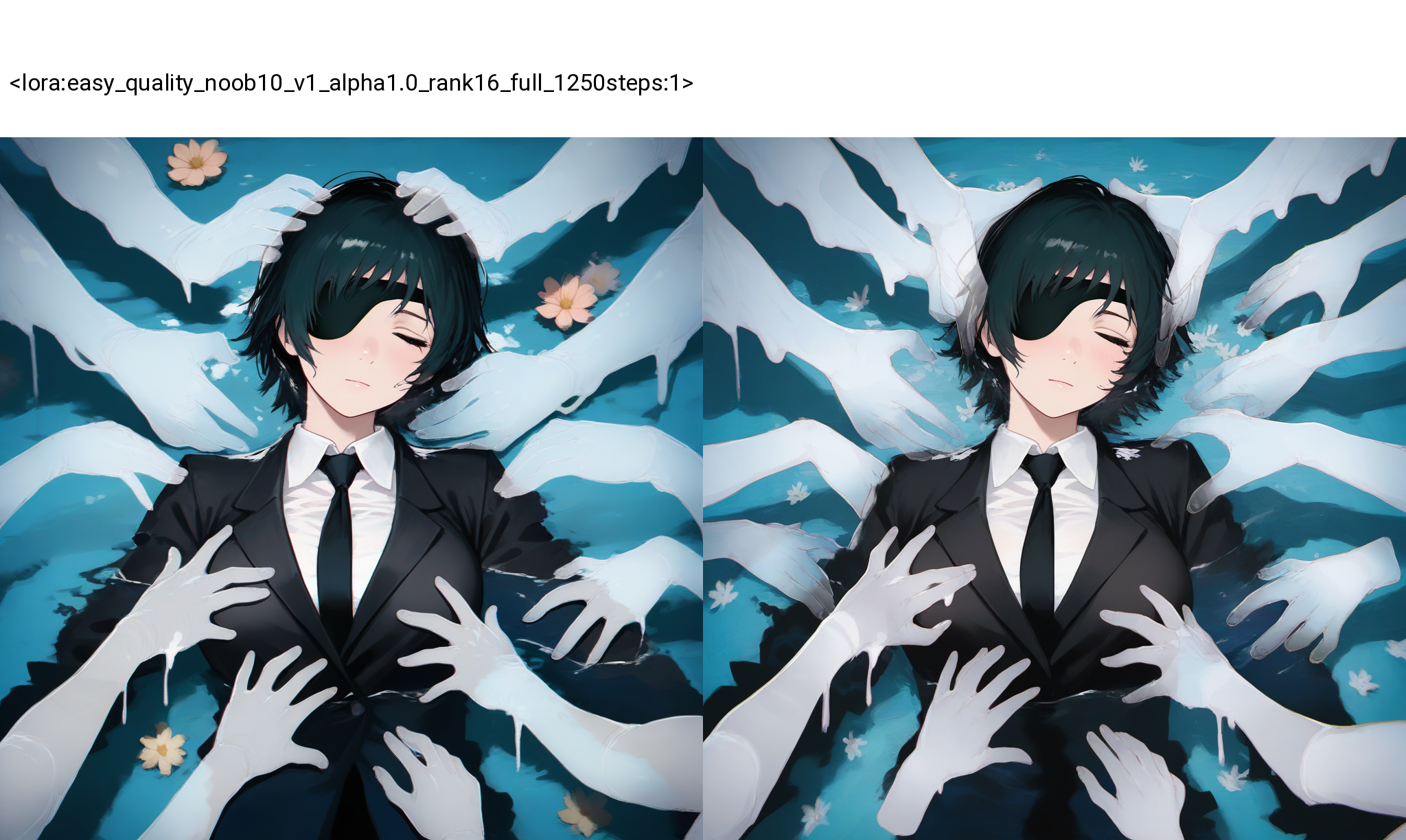 himeno \(chainsaw man\),eyepatch,1girl,necktie,black suit,solo,black necktie,flower,short hair,black hair,
shirt,looking at viewer,solo,solo focus,multiple boys,disembodied hand,melting,lying in water,partially immersed,(lying:1.2),(on back:1.1),closed eyes,many disembodied hands,hands on body,(fully submerged head:1.1),white water,transparent hands,
(((masterpiece, best quality, amazing quality, very aesthetic,highres, absurdres))),newest,very awa,highres,