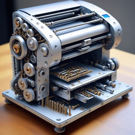 a Printer made out of Jed-Screws, photorealistic, full of details, detailed screws, <lora:SteelScrewsStyle-000006:0.7>