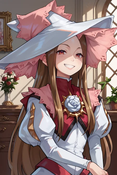 (score_9, score_8_up, score_7_up, score_6_up), source anime, BREAK, <lora:Rosary_Esmeralda_Yggdra_Union_Well_Never_Fight_Alone__Dept._Heaven:0.65> , RosaDef, brown hair, long hair, red eyes, white witch hat, white dress, juliet sleeves, interior, bedroom, close-up, portrait, seductive, rose, smug, grin, <lora:zy_Detailed_Backgrounds_v1:0.5> , detailed background, highly detailed, <lora:ExobeloStyle:0.7>