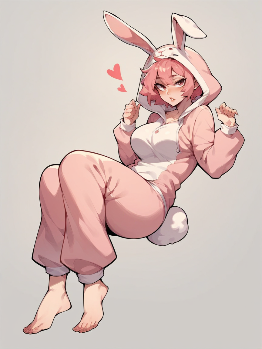 score_9, score_8_up, score_7_up, score_6_up, score_5_up,  <lora:RabbitonesieXLP:0.8> rabbit onesie, rabbit costume, rabbit ears, hood, barefoot, rabbit tail, solo, 1girl, curvy, pink hair, pajamas, heart
