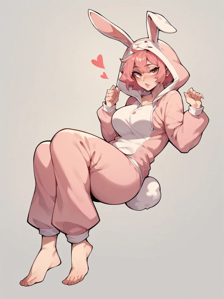 score_9, score_8_up, score_7_up, score_6_up, score_5_up, <lora:RabbitonesieXLP:0.8> rabbit onesie, rabbit costume, rabbit ears, hood, barefoot, rabbit tail, solo, 1girl, curvy, pink hair, pajamas, heart