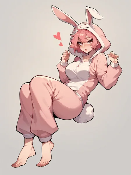 score_9, score_8_up, score_7_up, score_6_up, score_5_up, <lora:RabbitonesieXLP:0.8> rabbit onesie, rabbit costume, rabbit ears, hood, barefoot, rabbit tail, solo, 1girl, curvy, pink hair, pajamas, heart