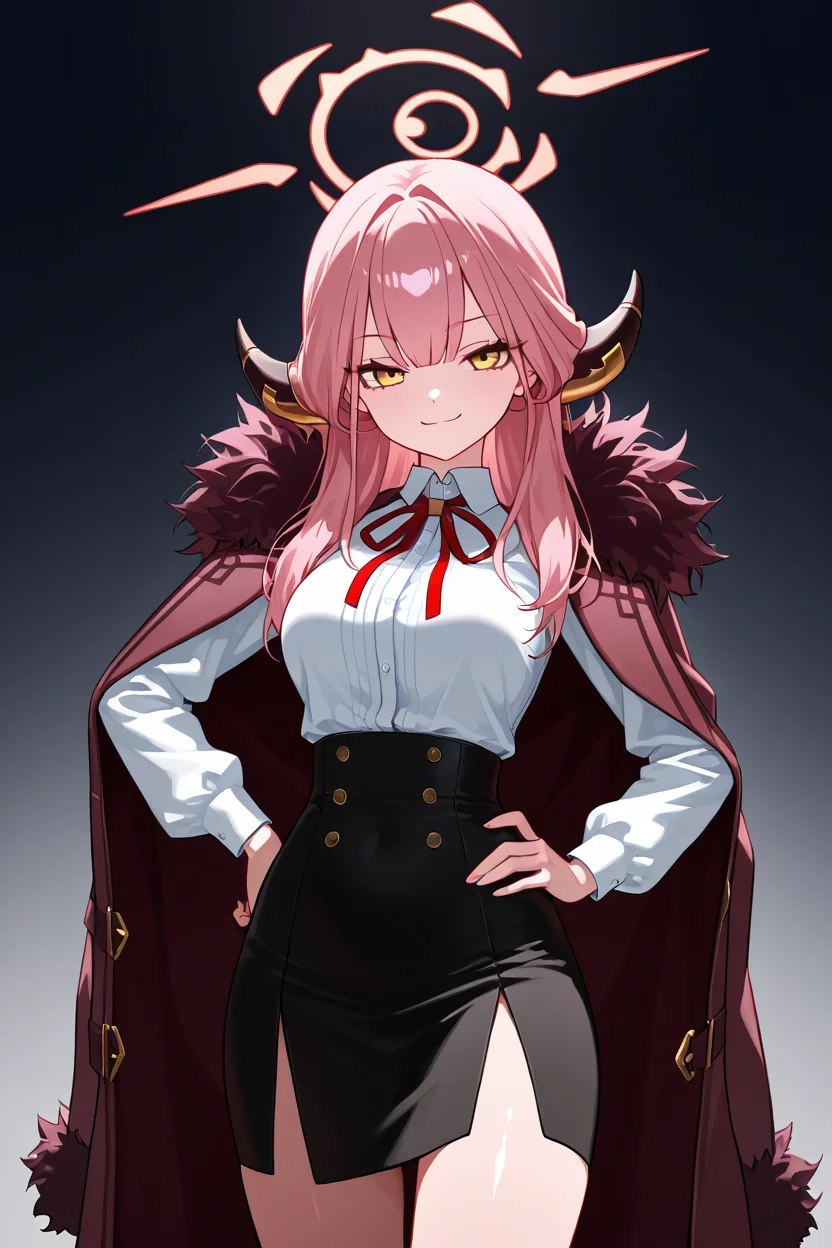 masterpiece, best quality, 1girl, solo, 21 year old model, eyelashes, (beautiful eyes), ,,,zzAru, yellow eyes, pink hair, long hair, demon horns, halo brown coat, white shirt, black skirt, red ribbon, fur-trimmed coat , <lora:AruBlueArchiveIXL:1.0>cowboy shot, hand on hip, smug, smile, looking at viewer, shiny skin,