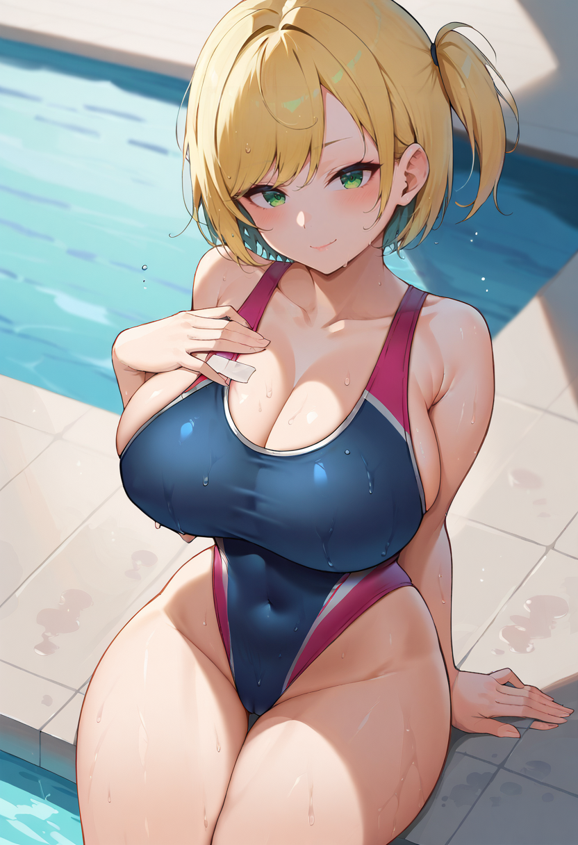 score_9, score_7_up,  1girl, 
huge breasts, wide hips, thick thighs, one-piece swimsuit, tape, blonde hair, highleg swimsuit, solo, arm support, green eyes, blush, highleg, one side up, sitting, wet clothes, competition swimsuit, legs together, covered navel, tsurime, short hair, closed mouth, swimsuit, wet, breasts, thighs, swept bangs, pool, groin, smile, taut clothes, cleavage, thigh gap
 <lora:greatdoggo-Style-PonyXL-GLoRA-000049:1>