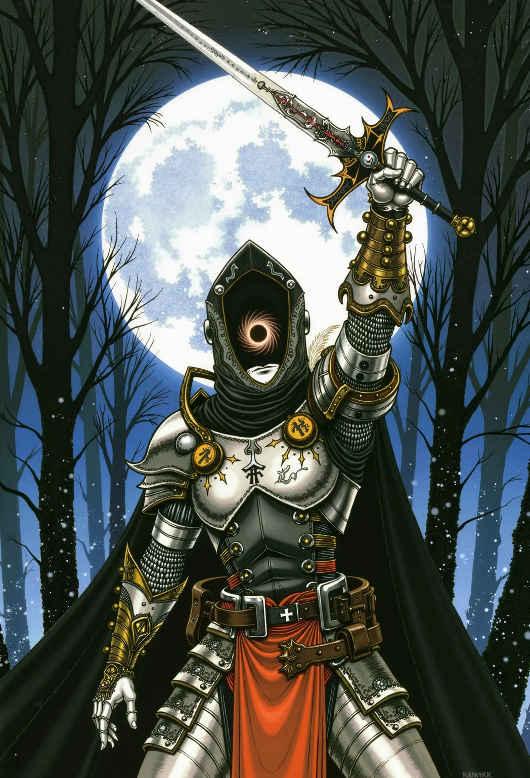 A hauntingly hyperrealistic analog photo of a young man with the body of a kobold, dressed in ornate, baroque-style armor, his visor lifted to reveal a swirling, void-like abyss where his face should be. The scene is bathed in the eerie glow of a full moon, casting long shadows across a dark, mystical forest floor. The brushwork is loose and expressive, with visible texture and dynamic energy, as if the painting itself is alive and pulsing with intensity. The kobold knight is in a dynamic pose, his sword raised high, its blade shimmering with an otherworldly glow, cutting through the air with a trail of light. The armor is hyperdetailed, with intricate engravings that seem to tell a story of ancient battles and forgotten lore. The void within the helmet pulses faintly, as if it is alive, radiating an aura of dread and mystery. The overall composition is a masterful blend of horror and beauty, with vibrant, contrasting colors and deep, rich shadows that draw the viewer into the scene. The anime style is evident in the sharp, angular lines and the dramatic pose, yet the hyperrealism and loose brushwork give it a raw, unpolished feel that adds to the intensity of the piece., grng3, Kodak Motion Picture Film style, Analog photography, amayo1 illustration,.,analog photo, hyperrealistic, horror, anime style, character portrait, loose expressive brushwork, visible texture, movement, intensity, knight, ornate armor, visor lifted, swirling void face, hyperdetailed, young man, kobold, swordmaster, dynamic pose, glowing sword, mystical forest, eerie moonlight, long shadows, intricate engravings, ancient battles, forgotten lore, pulsing void, dread, mystery, vibrant colors, deep shadows, raw unpolished feel, masterful composition, grng3, Kodak Motion Picture Film style, Analog photography, amayo1 illustration,.,<lora:Dark_Grunge_Poster:0.703> grng3,<lora:Kodak Motion Picture Film style v1:0.353> Kodak Motion Picture Film style, Analog photography,<lora:amayo1_cap_d6a3e11:0.655> amayo1 illustration
