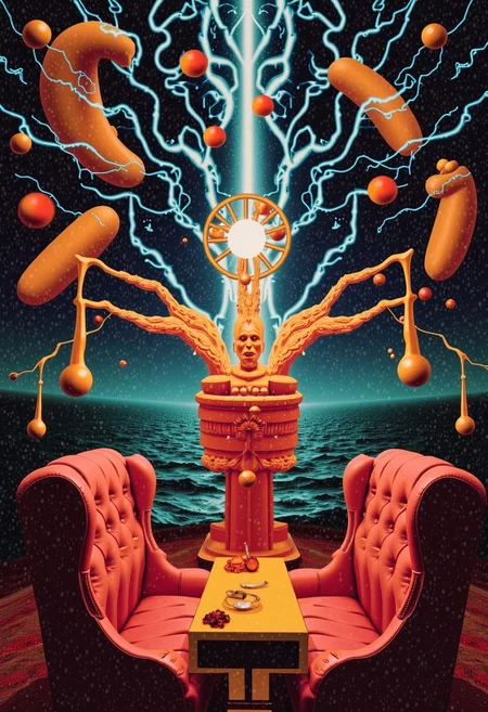 Slot machine graphics from front view . Disturbing scenes of addiction, people injecting drugs heroin, white powder, drinking alcohol smoking cigarettes. very strange surrealist style with holographic vortex featuring swirls of holotropic colour and glowing eyes wet distorted factory shot. On the television sets are glowing hands, with electricity coming off the finger tips. swirling around her head are holograms of glyphs chaos magick symbols. the room has thick electricity cables and smoke is coming off them. large wet glistening slices of wet soggy ham and hot dogs are floating in the air, dripping gooey sauce combining mustard and blood, there are multiple wet hotdogs floating. on the wall in the background are photos of nuclear explosions