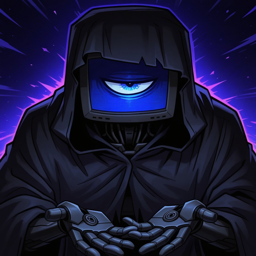 detailed, hires, absurd res, best quality, high quality, masterpiece, 4K, perfect eyes, perfect face, detailed hands, 5 fingers, newest BREAK male, 1boy, solo, ppthedoctor, robot, tv head, screen face, 1 eye, black cloak, close up