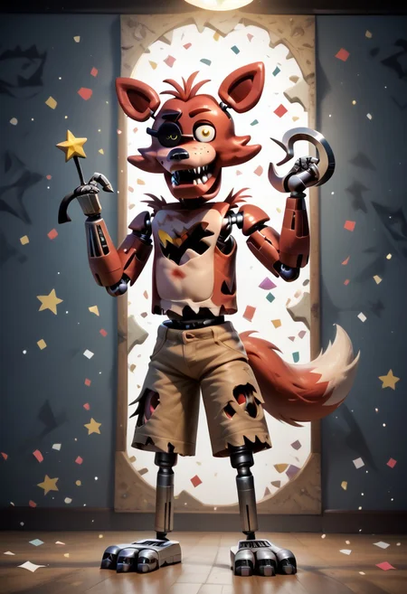 score_9, score_8_up, score_7_up, solo male, FoxyPirateFNAF1, yellow eyes, hook hand, hook left hand, robot, withered animatronic, robot joints, animatronic, damaged body, red fur, brown shorts, torn clothing, chest tuft, head tuft, cheek tuft, shoulder tuft, metal legs, fox tail, fangs, biped, smirk, smug, grin, standing, raised hand, bent legs, spread legs, perfect hands, full-length portrait, standing, cool, psychedelic background, star pattern, confetti, looking at viewer, 
BREAK
highly detailed, shading, highres, Masterpiece, perfect lighting, zPDXL3, detailed background