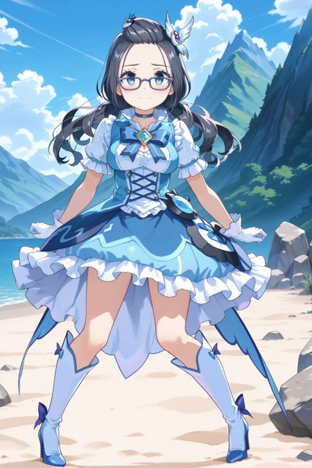 score_max, (score_9, score_8_up, score_7_up:1.0), score_6_up, official art, anime screencap,
, masterpiece, absurdres, high detail, 8k,
mountain, stone, sand,
standing, legs apart, action pose, arms across body, shy, light smile, blush, looking at viewer,
solo, marian, forehead, low-twintails, blue-framed eyewear, magica2019, wing hair ornament, hair ornament, choker, blue dress, bowtie, brooch, puffy short sleeves, white gloves, layered skirt, frills, knee boots, bow, high heels
<lora:XL_Pony_MGCM-marianne-t1:1.0>