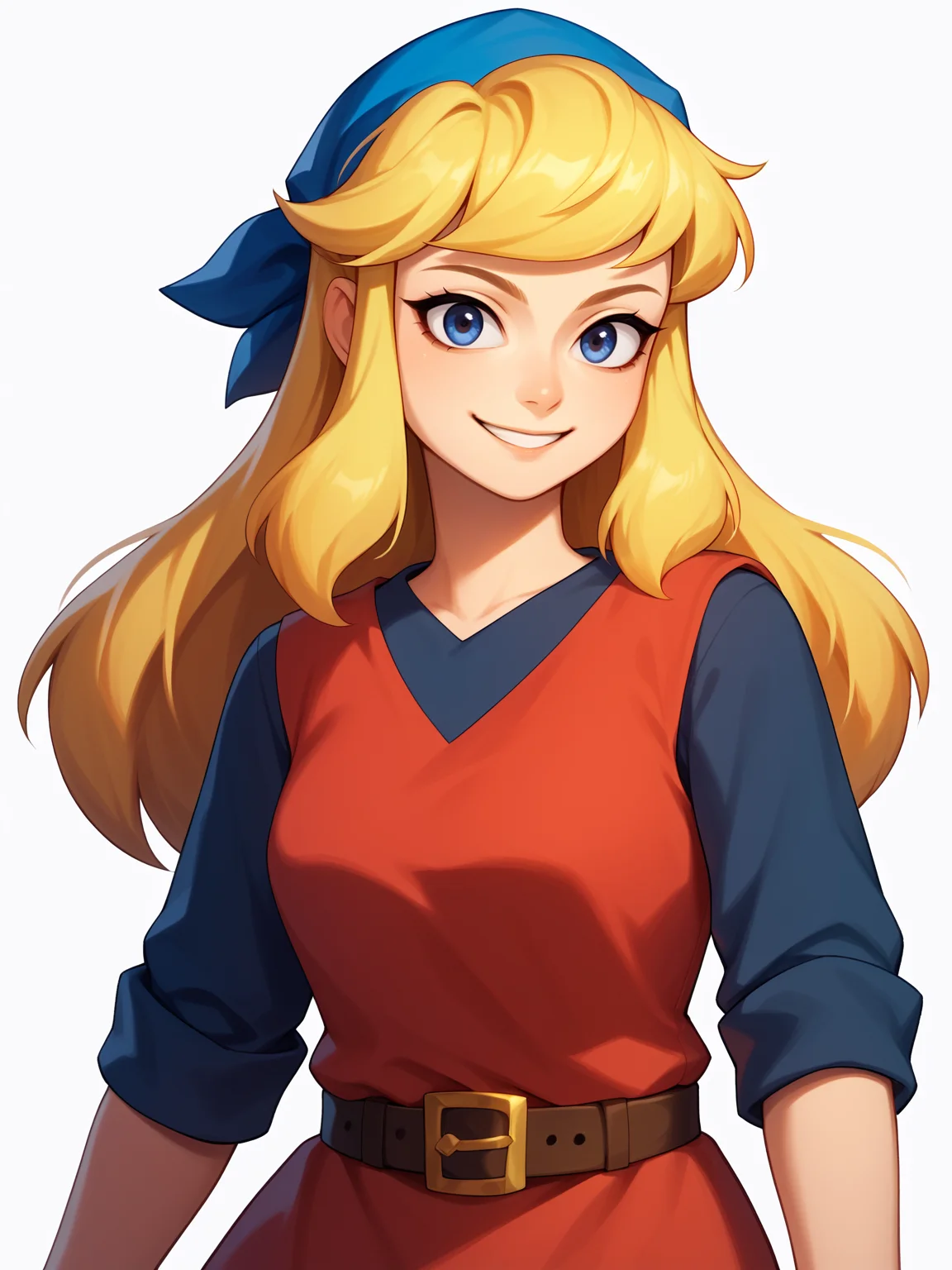 score_9, score_8_up, score_7_up, BREAK,
1girl, cadence, blue eyes, blonde hair, long hair,
blue bandana, red tunic, belt,
smile, upper body, looking at viewer, solo, simple background, white background <lora:CadencePDXL_byKonan:1>