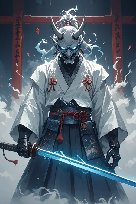 score_9, score_8_up, score_7_up, score_6_up, score_5_up, score_4_up,(A white Oni with blue smoke, holding up his sword in the air, wearing silver armor and kimono. Detailed illustration with a dynamic background in the style of fantasy art. A digital painting concept design showing a close up shot with ultra high resolution and high detail in sharp focus. An intricate studio photo shoot with highly detailed sharp focus and high quality:1.2), hkwarrior