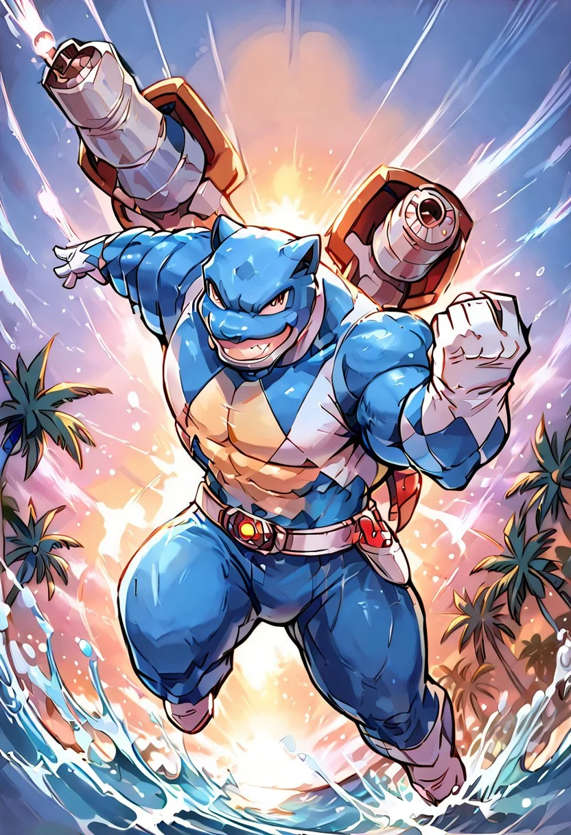 score_9, score_8_up, score_7_up, score_6_up, source_furry, solo, 1guy, male focus, full-length portrait, pokemon (creature), (mega muscles, hyper muscles, muscular), (anthro blastoise: 1.2), cannons, (blue bodysuit: 1.1), (blue power ranger: 1.1), (white gloves: 1.3), ((hand reaching forward), (hand in front), (extended hand), (extended arm)), ((extreme perspective)), ((foreshortening), ((close-up))), (attack stance), (dynamic pose), (bust portrait), (upper body), BREAK, beach, ocean, water, (tsunami), palm trees, dof