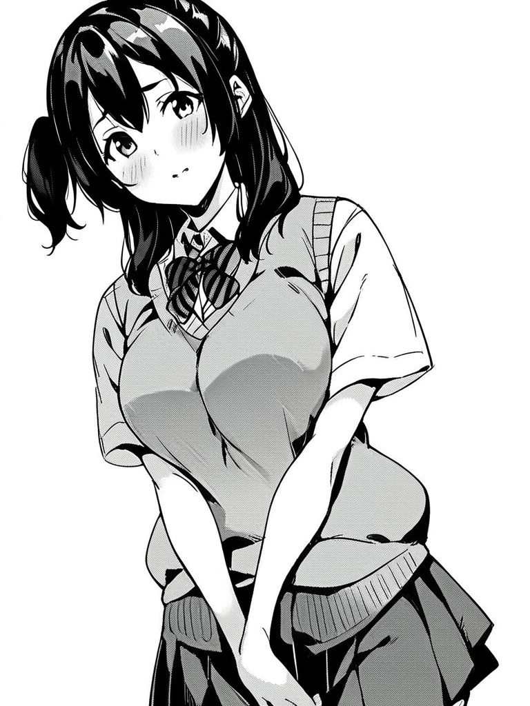 score_9, score_8_up, score_7_up,  
1girl, monochrome, rui dt, long hair, black hair, one side up, large breasts,


standing, v arms, sweater vest, striped bowtie, white shirt, short sleeves, pleated skirt, school uniform, shy, looking at viewer, white background,
solo,