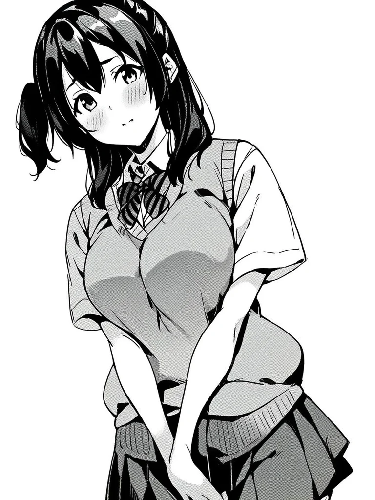 score_9, score_8_up, score_7_up,
1girl, monochrome, rui dt, long hair, black hair, one side up, large breasts,
standing, v arms, sweater vest, striped bowtie, white shirt, short sleeves, pleated skirt, school uniform, shy, looking at viewer, white background,
solo,