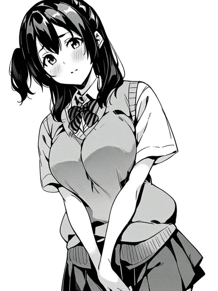 score_9, score_8_up, score_7_up,  
1girl, monochrome, rui dt, long hair, black hair, one side up, large breasts,


standing, v arms, sweater vest, striped bowtie, white shirt, short sleeves, pleated skirt, school uniform, shy, looking at viewer, white background,
solo,