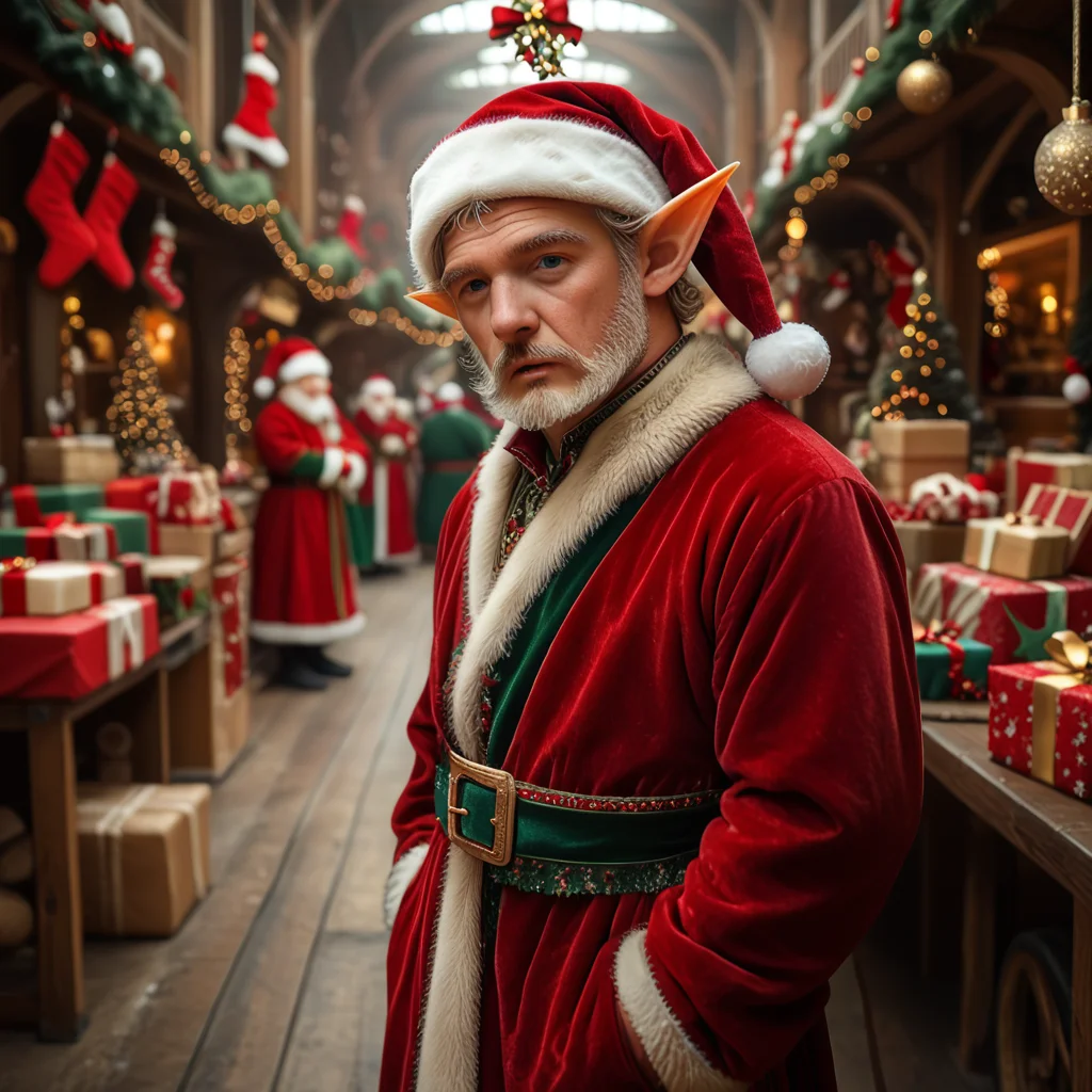 score_6_up,score_5_up,score_4_up,
<lora:Wolvies_Christmas_Elf_v241212.1449:1>, xmas_elf, male elf, old, Christmas, holiday, complex background, wrapping presents, in Santa's workshop, North Pole, concentration, frowning, anime, highly detailed, in focus, excellent quality, high resolution, Christmas background, Christmas decorations, cozy, masterpiece, best quality, very aesthetic, (open eyes:1.3), (accurate eyes:1.2), (detailed and precise face:1.2), life-like, depth of field, detailed textures, bright colors, natural light, ultra HD, fine details, soft background blur,