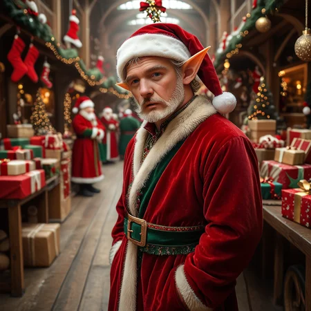 score_6_up,score_5_up,score_4_up,
<lora:Wolvies_Christmas_Elf_v241212.1449:1>, xmas_elf, male elf, old, Christmas, holiday, complex background, wrapping presents, in Santa's workshop, North Pole, concentration, frowning, anime, highly detailed, in focus, excellent quality, high resolution, Christmas background, Christmas decorations, cozy, masterpiece, best quality, very aesthetic, (open eyes:1.3), (accurate eyes:1.2), (detailed and precise face:1.2), life-like, depth of field, detailed textures, bright colors, natural light, ultra HD, fine details, soft background blur,