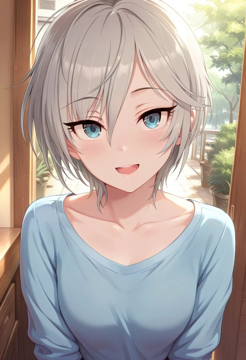 masterpiece,best quality,amazing quality, anastasia, short hair, grey hair, blue eyes, 1girl, solo, smile, open mouth, looking at viewer, collarbone, shirt, blue shirt, upper body, hair between eyes