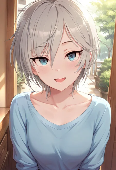 masterpiece,best quality,amazing quality, anastasia, short hair, grey hair, blue eyes, 1girl, solo, smile, open mouth, looking at viewer, collarbone, shirt, blue shirt, upper body, hair between eyes