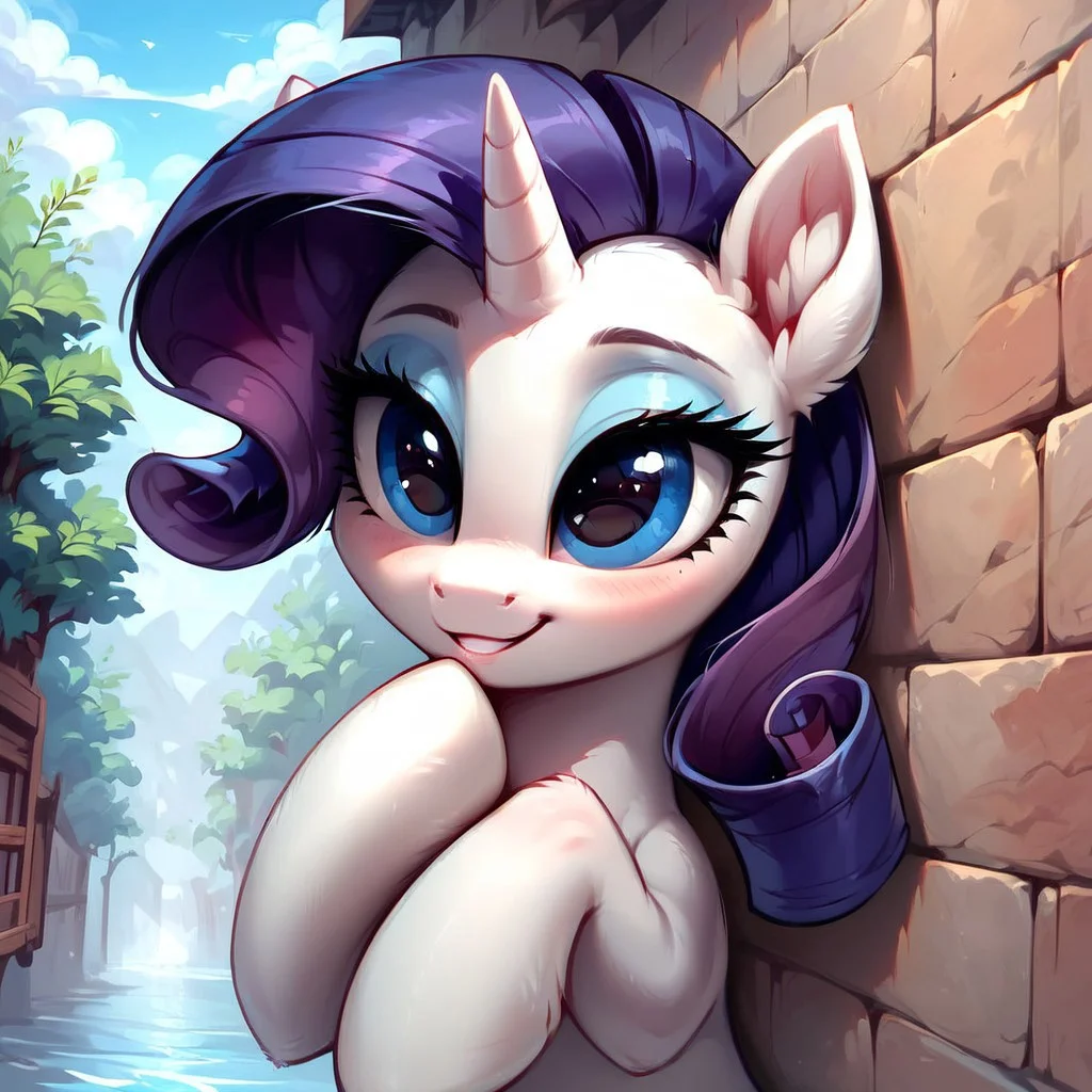 masterpiece, score_9, score_8_up, score_7_up, (best quality:1.1), ultra-detailed, high resolution, 1 girl, solo, pony, highly detailed macro illustration, Rarity smiling, blushing, hooves on face, Rarity, feral, female, mare, cute, long eyelashes, outside, (((beautiful detailed eyes))), Long eyelashes, fluffy, ear fluff, long eyelashes, (cornering), taking cover, spying, marble wall, Highly Visible, (((8k))), sharp focus, perfect lighting, anatomically correct, extremely detailed, shine on body, (Water town,, high detail, cute face, Expressiveh, detailed background, OverallDetail, zPDXL2, <lora:Corneringv1:0.8>