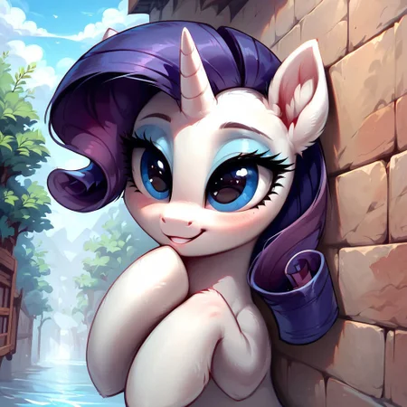 masterpiece, score_9, score_8_up, score_7_up, (best quality:1.1), ultra-detailed, high resolution, 1 girl, solo, pony, highly detailed macro illustration, Rarity smiling, blushing, hooves on face, Rarity, feral, female, mare, cute, long eyelashes, outside, (((beautiful detailed eyes))), Long eyelashes, fluffy, ear fluff, long eyelashes, (cornering), taking cover, spying, marble wall, Highly Visible, (((8k))), sharp focus, perfect lighting, anatomically correct, extremely detailed, shine on body, (Water town,, high detail, cute face, Expressiveh, detailed background, OverallDetail, zPDXL2, <lora:Corneringv1:0.8>