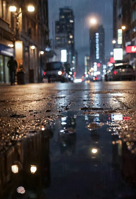 in a city at night, rain, artificial light, puddles
