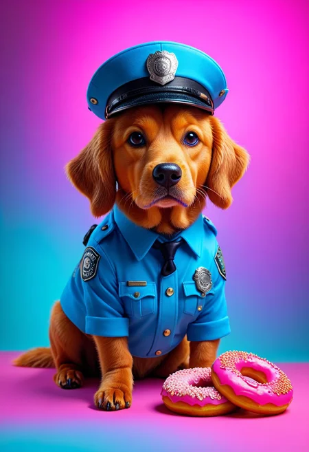 d0nu71f13d, An epic photo of a cute dog wearing a police hat, eating doughnuts, neon color, masterpiece, best quality, highly detailed, sharp focus, dynamic lighting, flux-style, mobe-cybideen