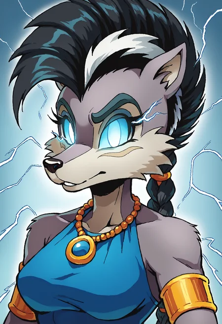 score_9, score_8_up, source_furry, <lora:Lupe_the_wolf_r1:0.8>, Lupe the wolf, anthro wolf, 1girl, mohawk, black hair, braided ponytail, blue leotard, armlet, necklace, feather hair ornament, <lora:KYS_XLPD:1.2>, IncrsLowTier, glowing eyes, no eyes, electricity, upper body