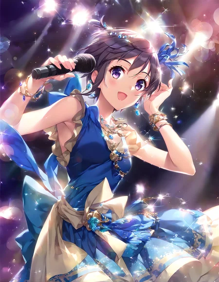 <lora:pony_xl_nagisa:0.9>,nagisa,score_9,score_8_up,score_7_up,source_anime,best quality,masterpiece,super fine illustration,1girl,solo,idol,blue dress,sleeveless dress,bare shoulders,jewelry,necklace,bracelet,holding,microphone,looking at viewer,smile,:d,blush,open mouth,cowboy_shot,stage,a packed stage,lens flare,