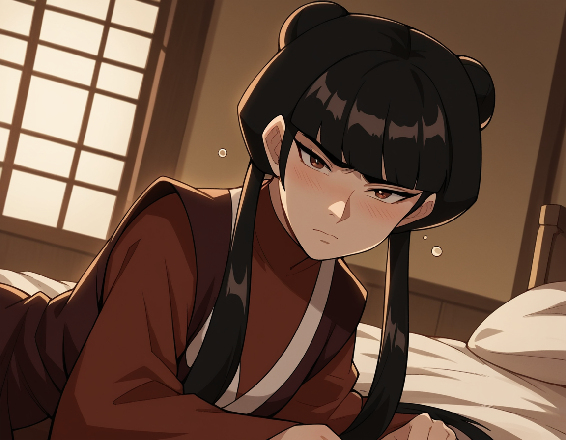 score_9, score_8_up, score_7_up, source_anime, <lora:mai-book2-ponyxl-lora-nochekaiser:1>, mai, sidelocks, long hair, black hair, lunt bangs, hair bun, double bun,, chinese clothes, turtleneck, long sleeves, wide sleeves,, indoors, bed, bed room, on side, blush, drunk, looking at viewer, solo, cowboy shot, dutch angle