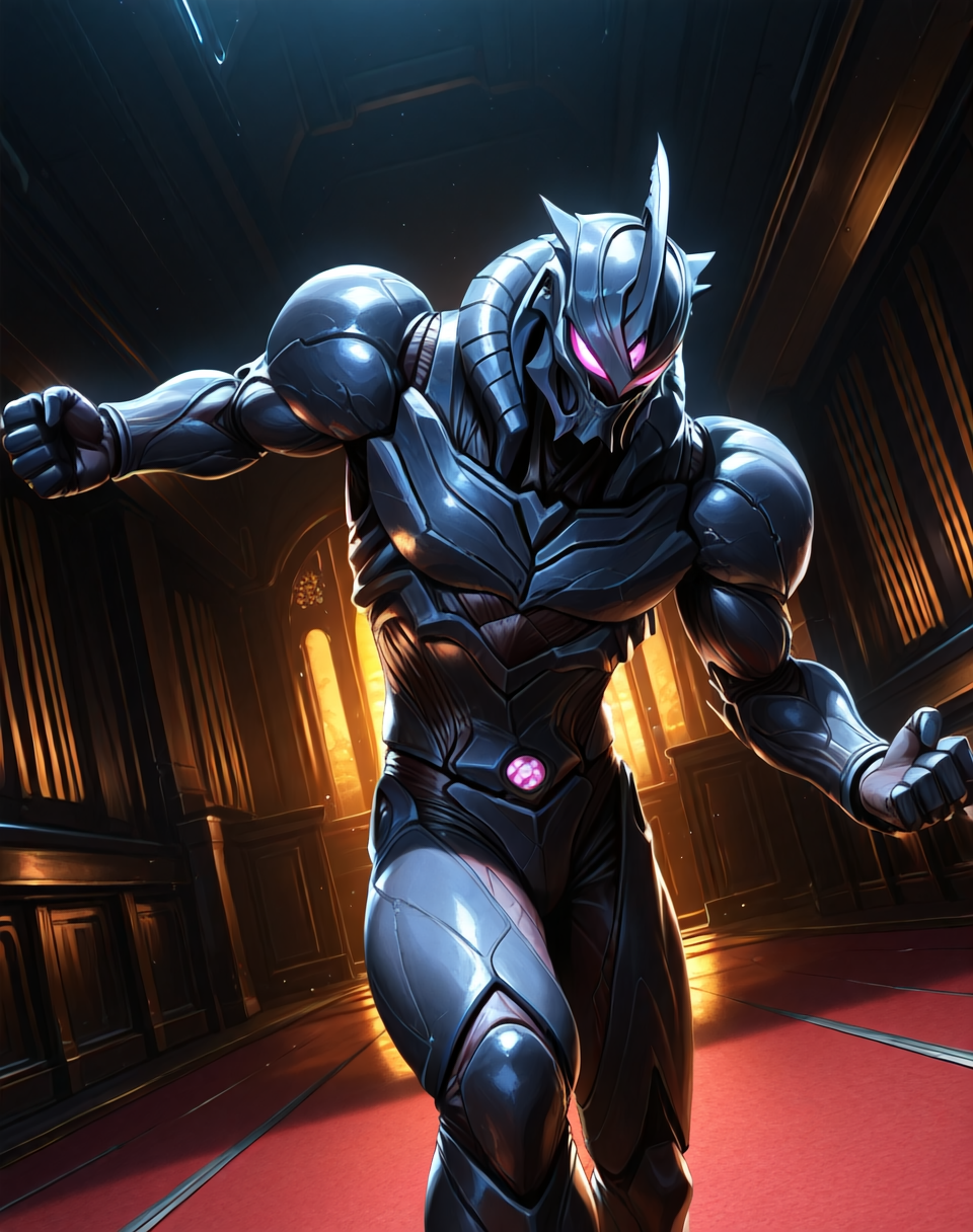 perfect depth of field shot, masterpiece, beautiful, sharp focus, crisp details,
<lora:Dark_Hero_(Guyver)_(Illustrious)_(AD):0.85> Dark_Hero, Guyver, bioboosted armor, 
((exterior, science fiction, high science fiction, action anime style background, dark spaceship interior, photographic realism, 8K CGI render, 
dynamic action, dynamic perspective, dutch angle, bent knee, cowboy shot,
male focus, gradient style anime coloring, strong, fighting scene, solo, ):1.5), 
EZRealPONYXL, zPDXL, Smooth Quality, lazynsfw,