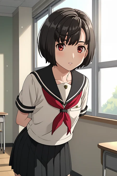 score_9, score_7_up, source_anime,  <lora:aiko_tachibana:1> aiko_wz, black hair, short hair, red eyes, school uniform, serafuku, red neckerchief, short sleeves, black skirt, pleated skirt,  indoors, classroom, looking at viewer, light blush,arms behind back, leaning forward, window, light rays, cinematic light